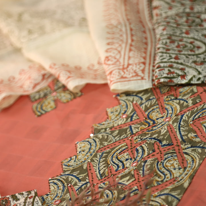 Sadhgi Salmon Peach All Over Applique Patch Work in Kalamkari Print Cotton Suit Set