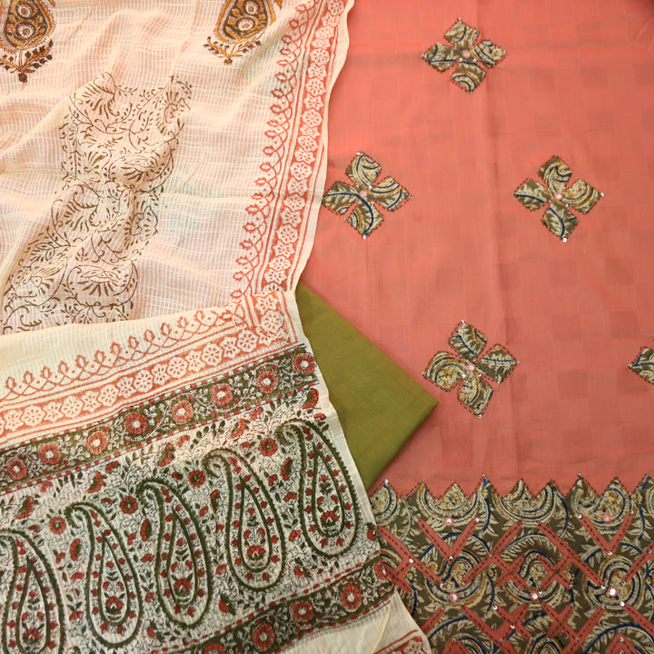 Sadhgi Salmon Peach All Over Applique Patch Work in Kalamkari Print Cotton Suit Set