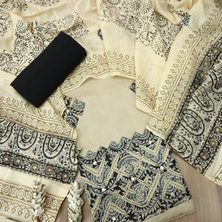 Sadhgi Frappe Tan All Over Applique Patch Work in Kalamkari Print Cotton Suit Set