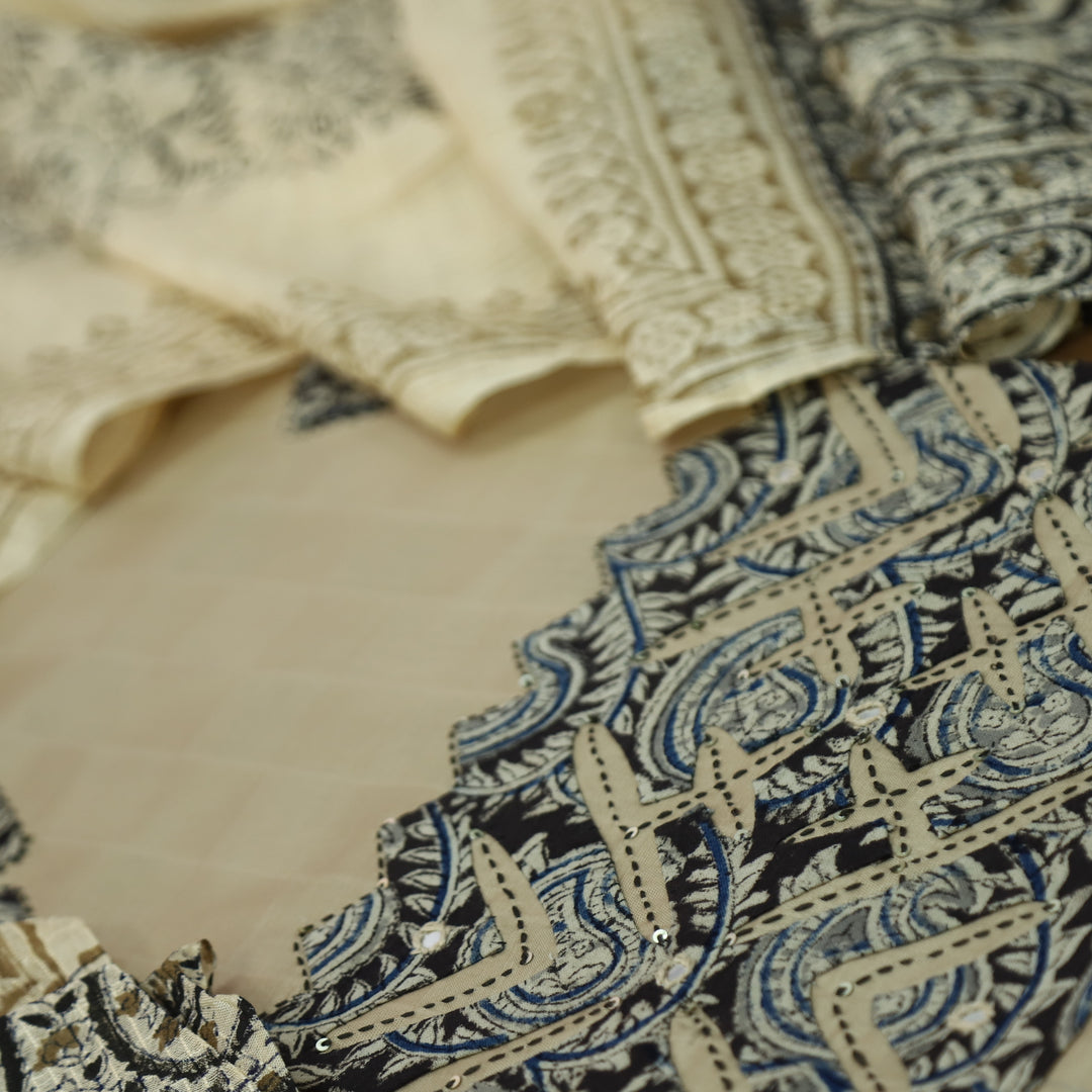 Sadhgi Frappe Tan All Over Applique Patch Work in Kalamkari Print Cotton Suit Set
