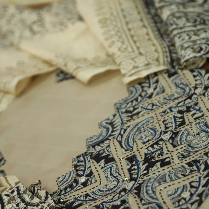 Sadhgi Frappe Tan All Over Applique Patch Work in Kalamkari Print Cotton Suit Set