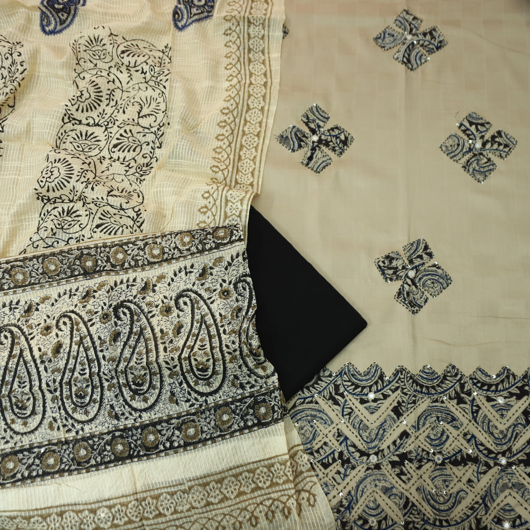 Sadhgi Frappe Tan All Over Applique Patch Work in Kalamkari Print Cotton Suit Set