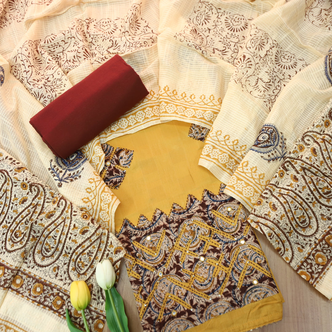Sadhgi Pinaapple Yellow All Over Applique Patch Work in Kalamkari Print Cotton Suit Set