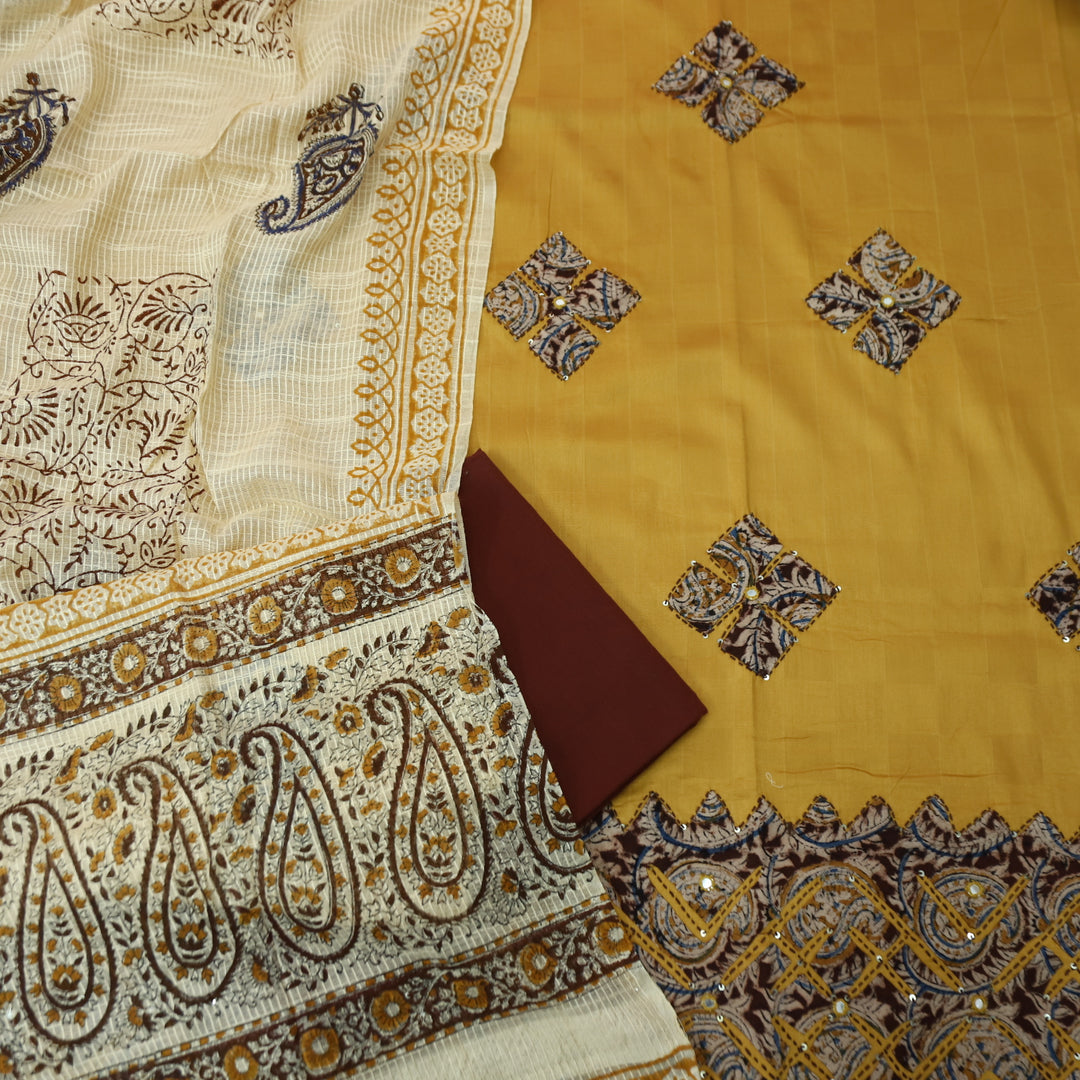 Sadhgi Pinaapple Yellow All Over Applique Patch Work in Kalamkari Print Cotton Suit Set
