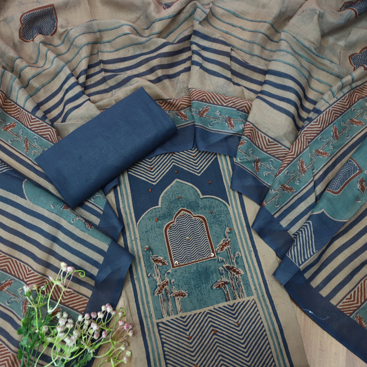 Kakaswi Denim Blue All Over Ajrak Print with French Knot Cotton Suit Set