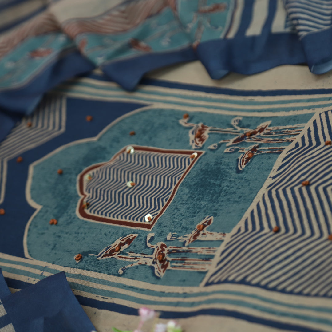Kakaswi Denim Blue All Over Ajrak Print with French Knot Cotton Suit Set