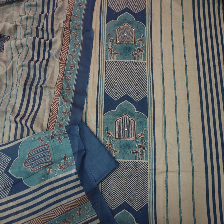 Kakaswi Denim Blue All Over Ajrak Print with French Knot Cotton Suit Set