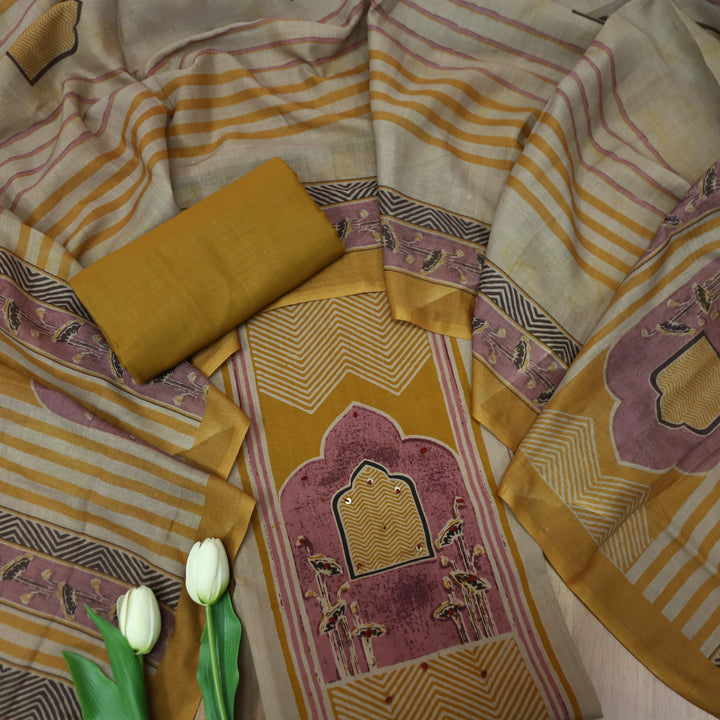 Kakaswi Dijon Yellow All Over Ajrak Print with French Knot Cotton Suit Set