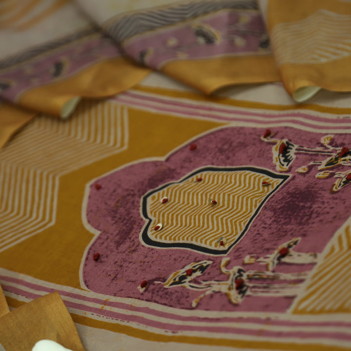 Kakaswi Dijon Yellow All Over Ajrak Print with French Knot Cotton Suit Set