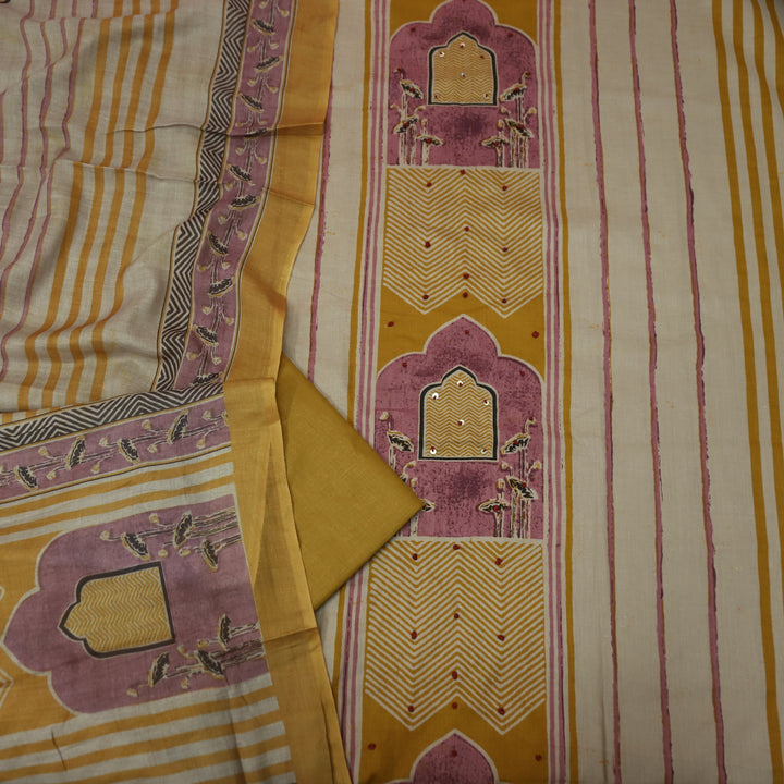 Kakaswi Dijon Yellow All Over Ajrak Print with French Knot Cotton Suit Set