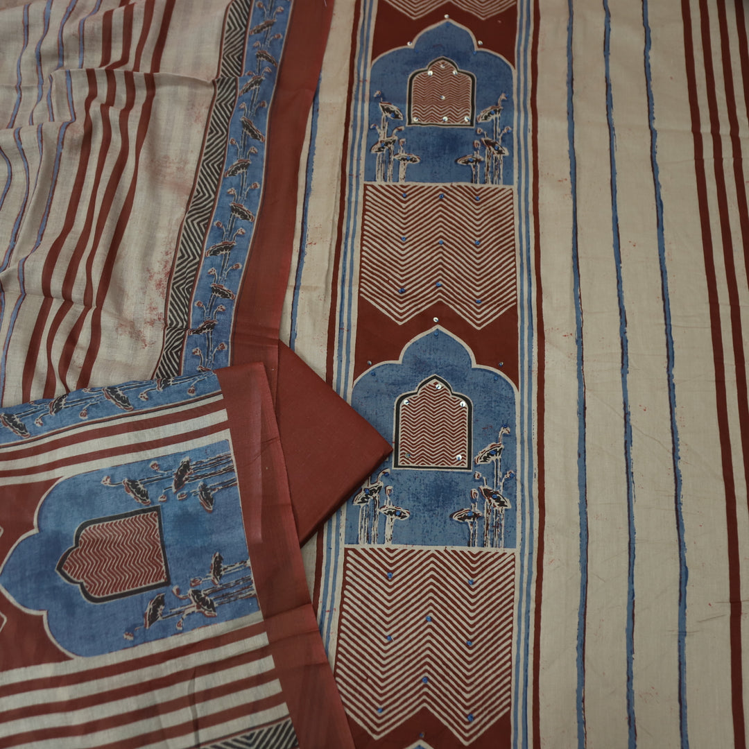 Kakaswi Barn Red All Over Ajrak Print with French Knot Cotton Suit Set