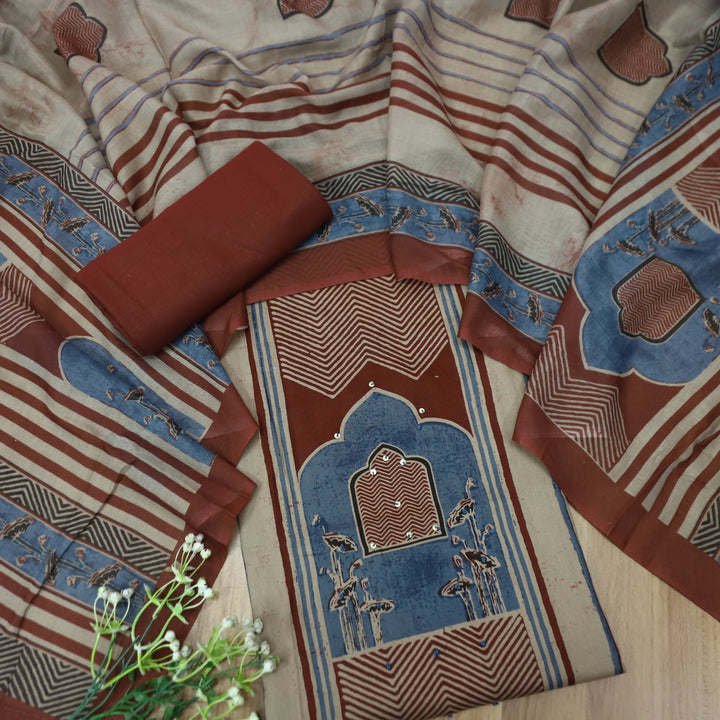 Kakaswi Barn Red All Over Ajrak Print with French Knot Cotton Suit Set