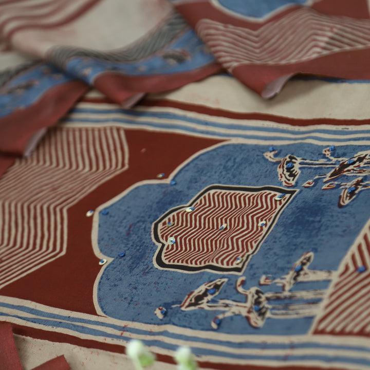 Kakaswi Barn Red All Over Ajrak Print with French Knot Cotton Suit Set