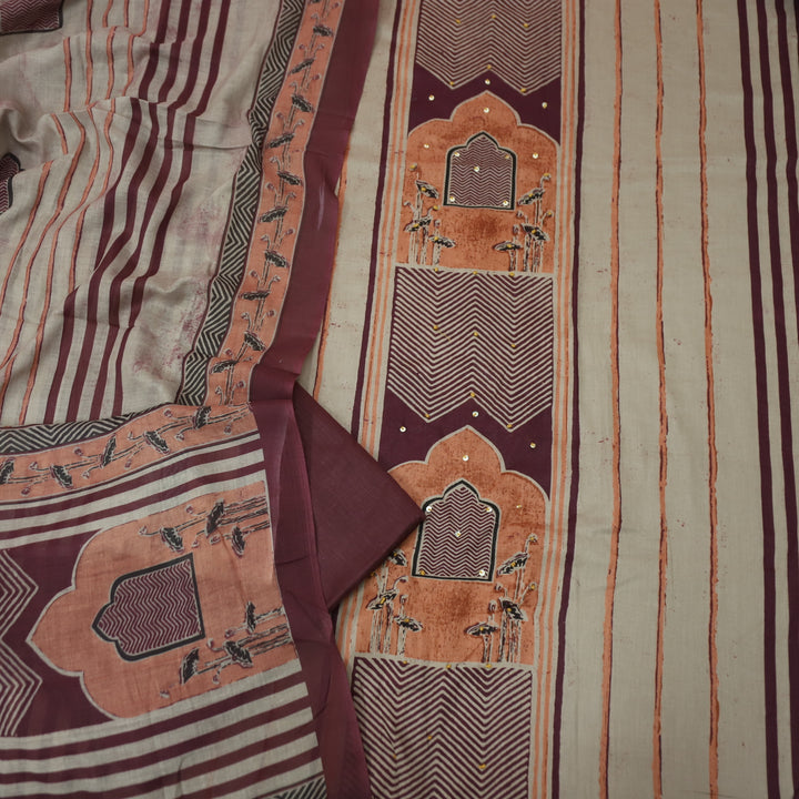 Kakaswi Chocolate Brown All Over Ajrak Print with French Knot Cotton Suit Set