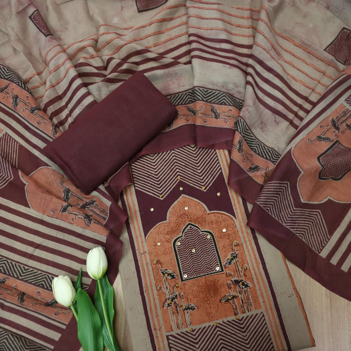 Kakaswi Chocolate Brown All Over Ajrak Print with French Knot Cotton Suit Set