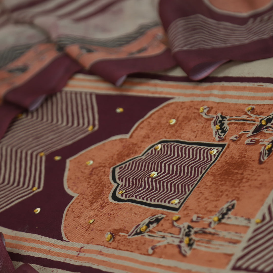 Kakaswi Chocolate Brown All Over Ajrak Print with French Knot Cotton Suit Set
