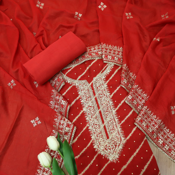 Sajna Ruby Red All Over Leheriya Print with Embellish Zari Work Modal Suit Set