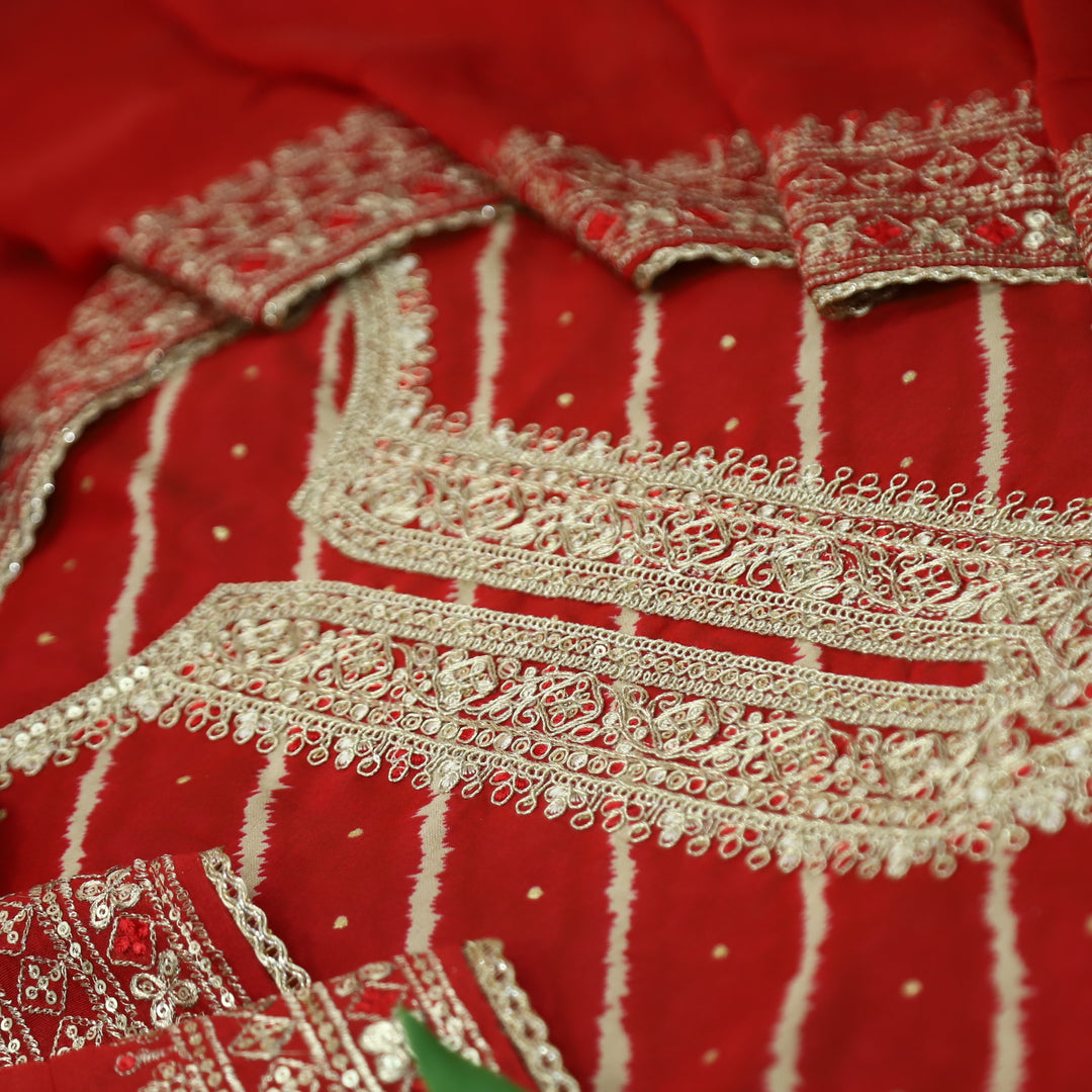 Sajna Ruby Red All Over Leheriya Print with Embellish Zari Work Modal Suit Set