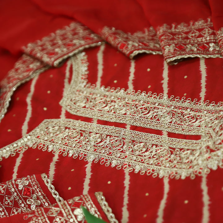 Sajna Ruby Red All Over Leheriya Print with Embellish Zari Work Modal Suit Set