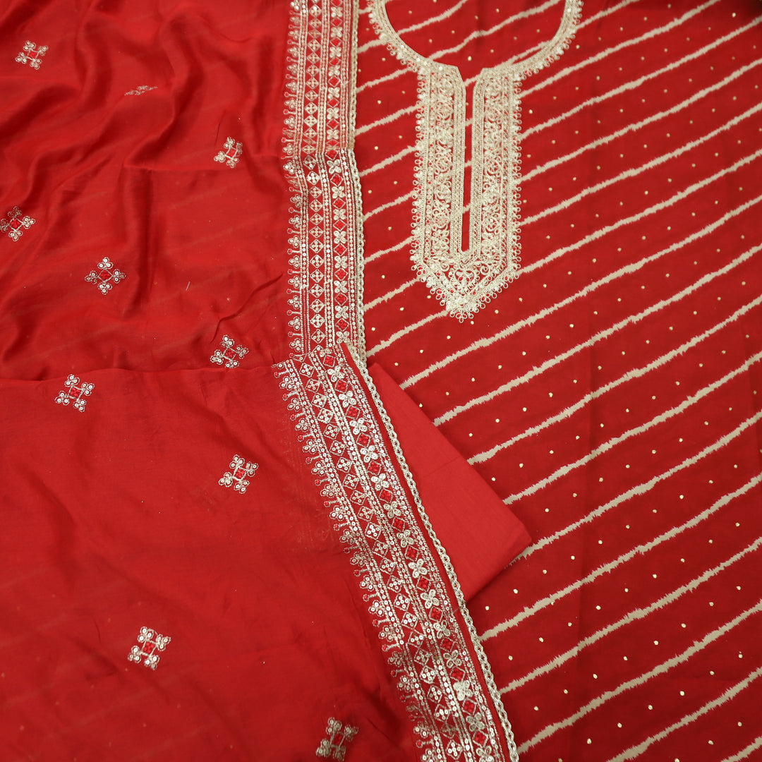 Sajna Ruby Red All Over Leheriya Print with Embellish Zari Work Modal Suit Set