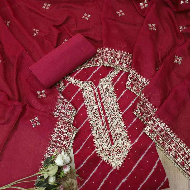 Sajna Ruby Magenta All Over Leheriya Print with Embellish Zari Work Modal Suit Set