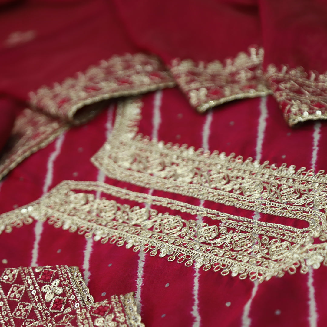 Sajna Ruby Magenta All Over Leheriya Print with Embellish Zari Work Modal Suit Set