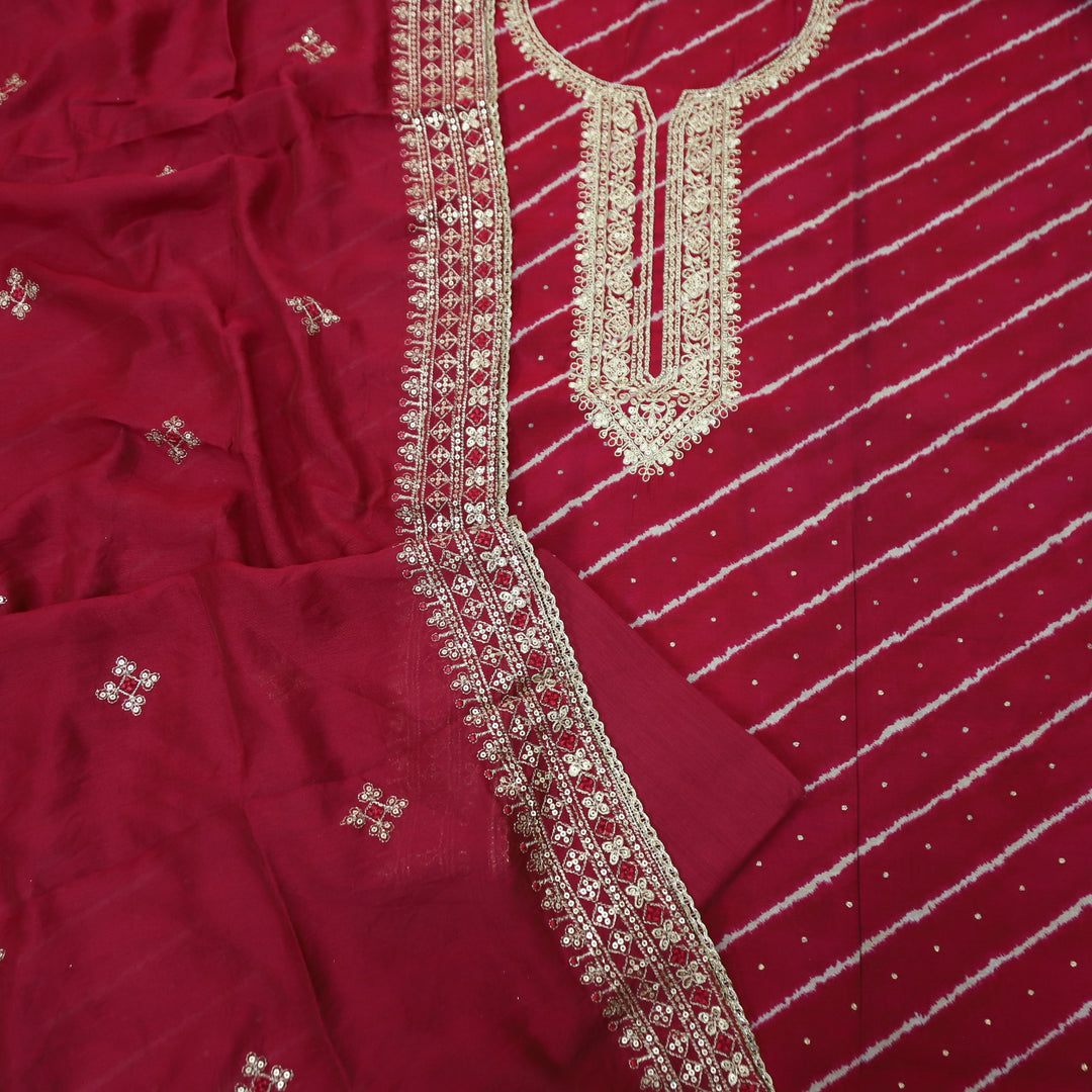 Sajna Ruby Magenta All Over Leheriya Print with Embellish Zari Work Modal Suit Set