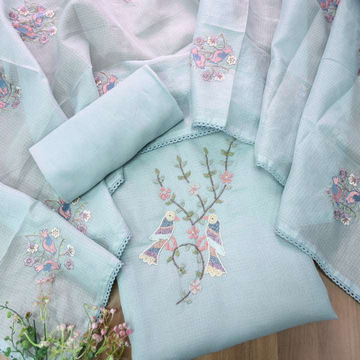 Swaroop Powder Blue Moti Work On Neck in Bird Style Kota Doriya Suit Set