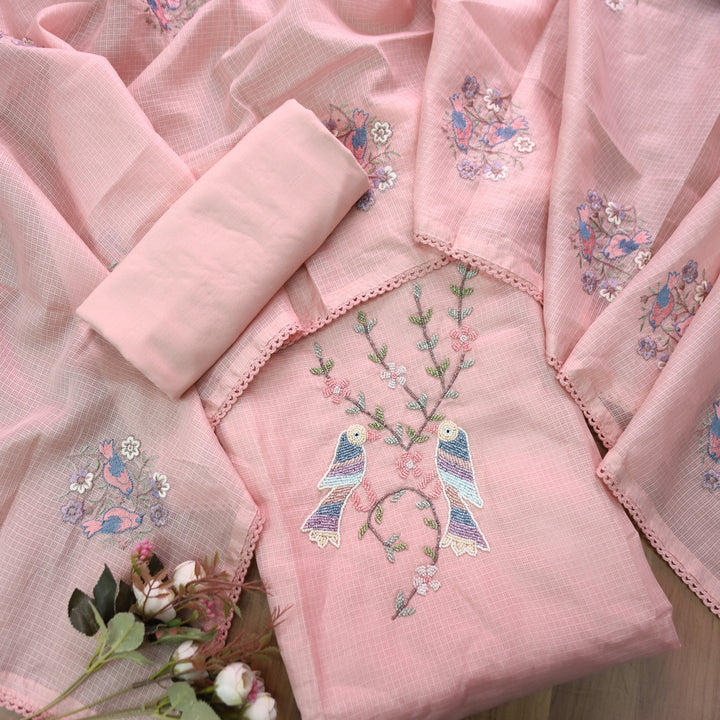 Swaroop Salmon Peach Moti Work On Neck in Bird Style Kota Doriya Suit Set