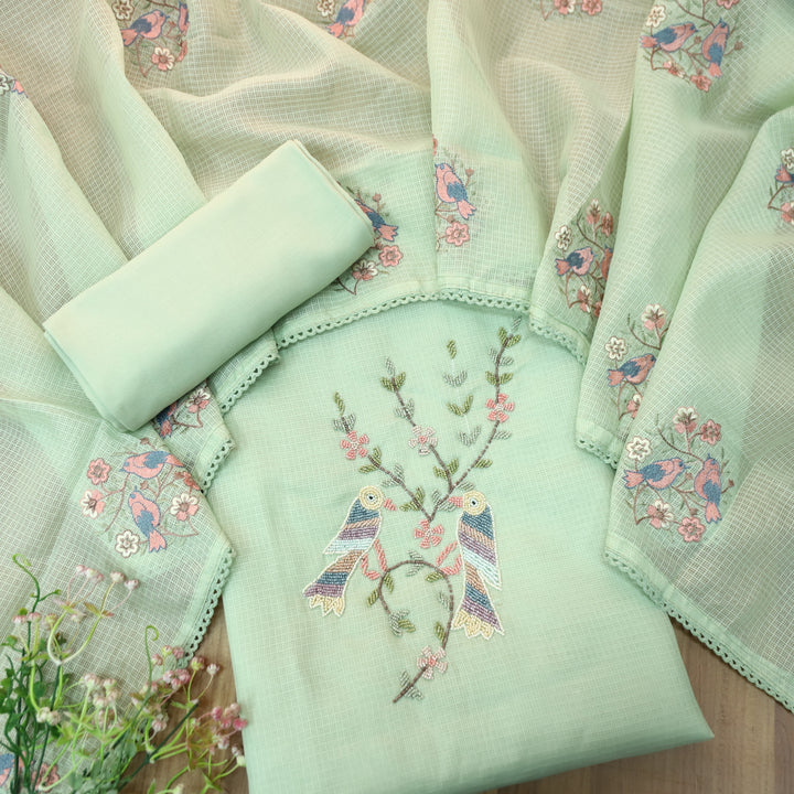 Swaroop Mint Green Moti Work On Neck in Bird Style Kota Doriya Suit Set