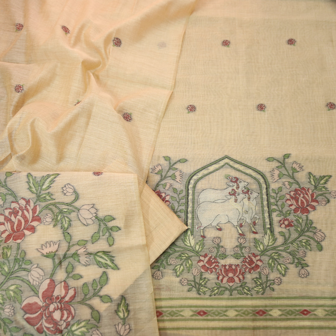Swaroop Pumpkin Peach Pichwai Authentic Jamdani Weaved Hem Chanderi Suit Set