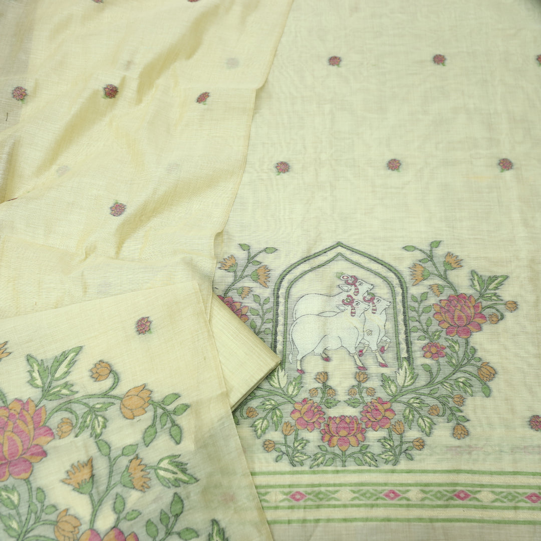 Swaroop Buttermilk Yellow Pichwai Authentic Jamdani Weaved Hem Chanderi Suit Set
