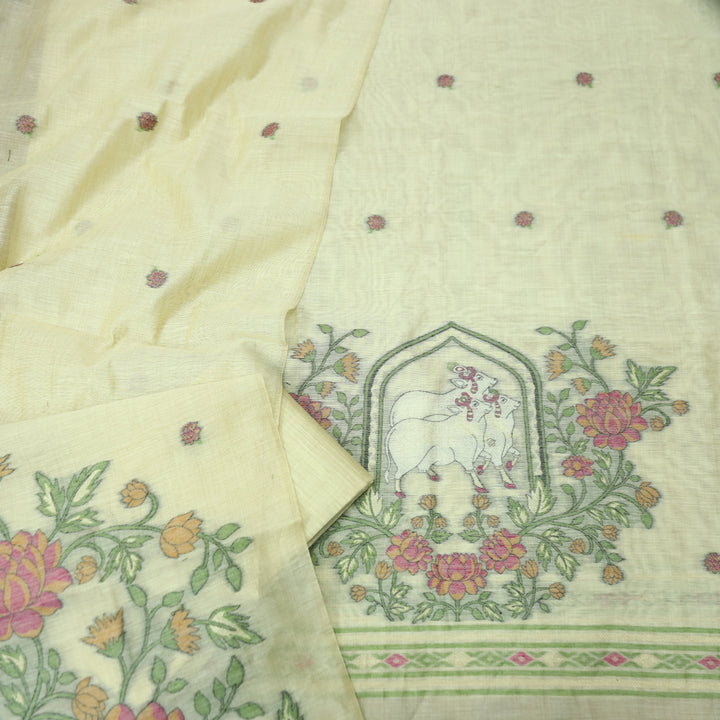 Swaroop Buttermilk Yellow Pichwai Authentic Jamdani Weaved Hem Chanderi Suit Set