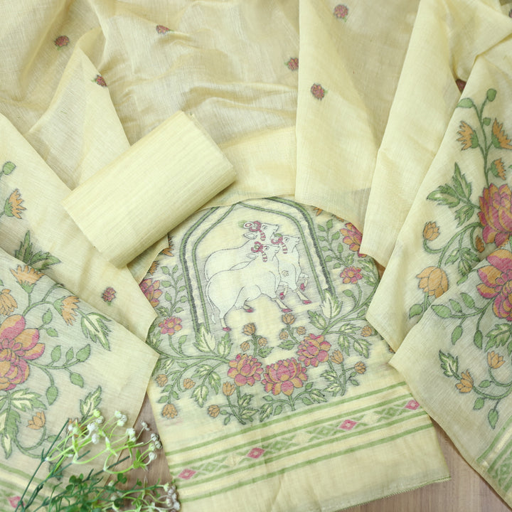 Swaroop Buttermilk Yellow Pichwai Authentic Jamdani Weaved Hem Chanderi Suit Set