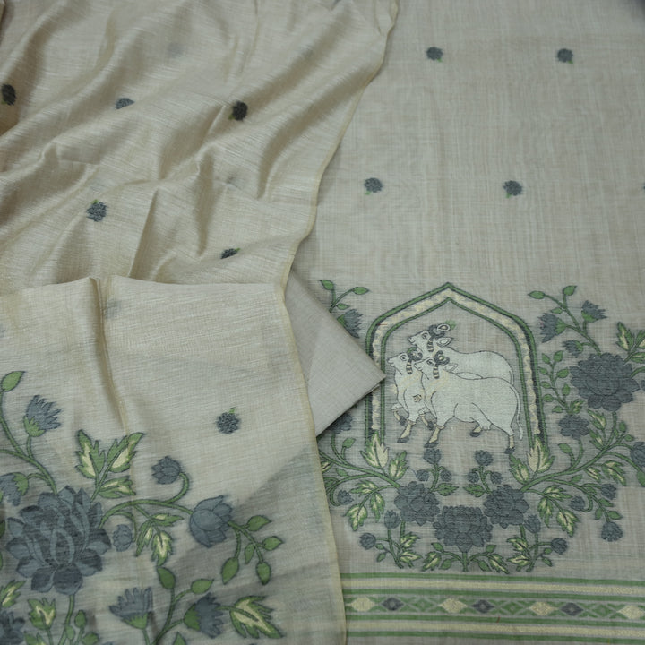 Swaroop Antique Gray Pichwai Authentic Jamdani Weaved Hem Chanderi Suit Set
