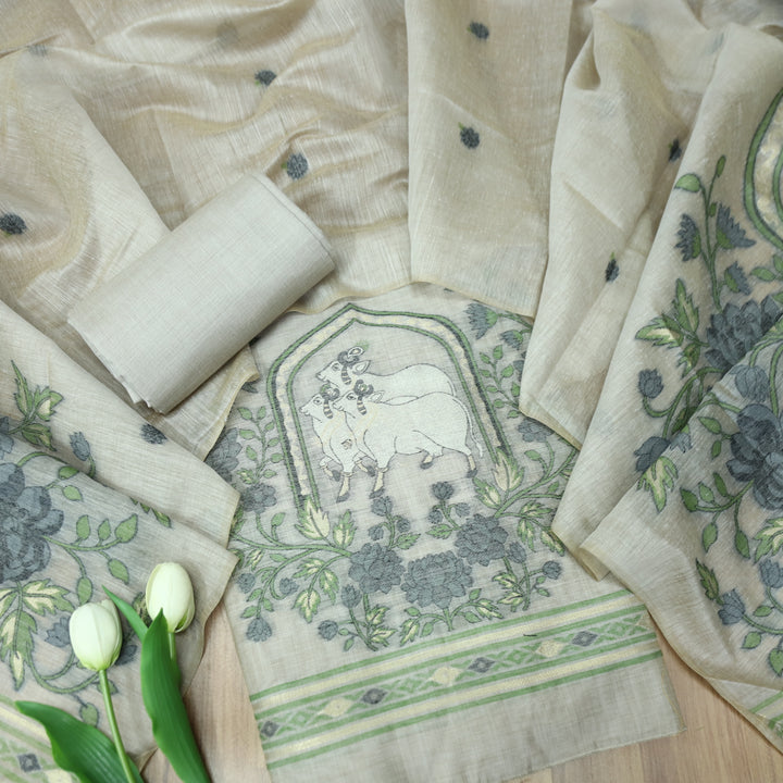 Swaroop Antique Gray Pichwai Authentic Jamdani Weaved Hem Chanderi Suit Set