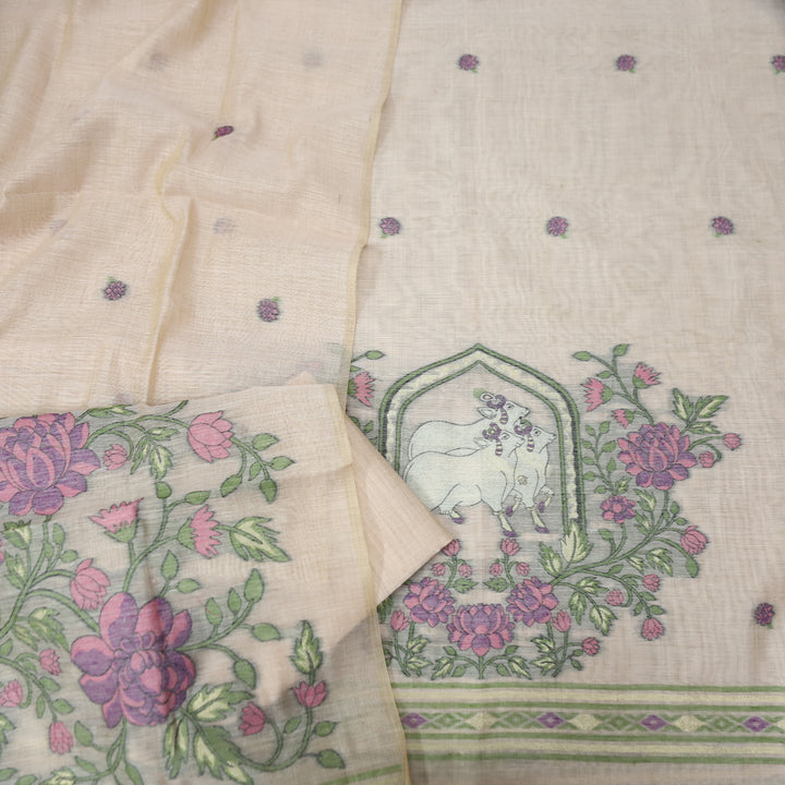 Swaroop Rossy Pink Pichwai Authentic Jamdani Weaved Hem Chanderi Suit Set