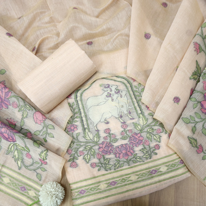 Swaroop Rossy Pink Pichwai Authentic Jamdani Weaved Hem Chanderi Suit Set