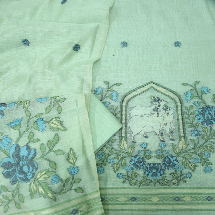 Swaroop Sea Form Green Pichwai Authentic Jamdani Weaved Hem Chanderi Suit Set