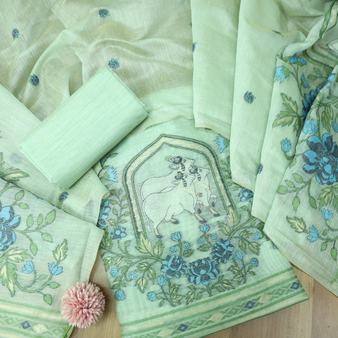 Swaroop Sea Form Green Pichwai Authentic Jamdani Weaved Hem Chanderi Suit Set
