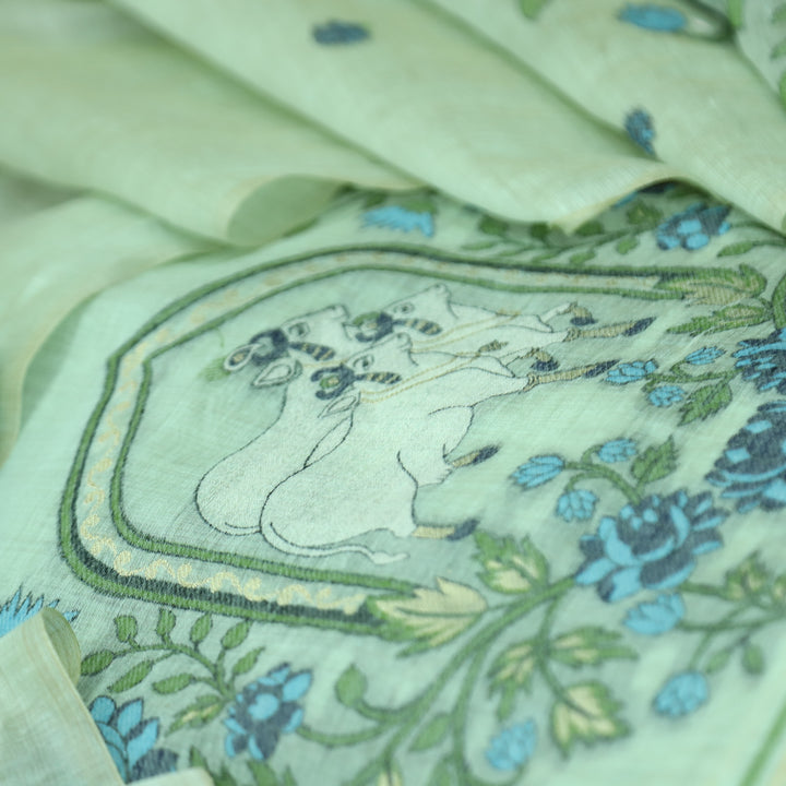 Swaroop Sea Form Green Pichwai Authentic Jamdani Weaved Hem Chanderi Suit Set