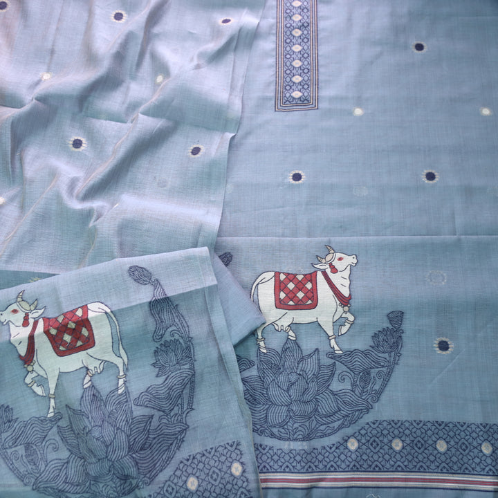 Svroop Steel Blue Pichwai Authentic Jamdani Weaved Hem Chanderi Suit Set