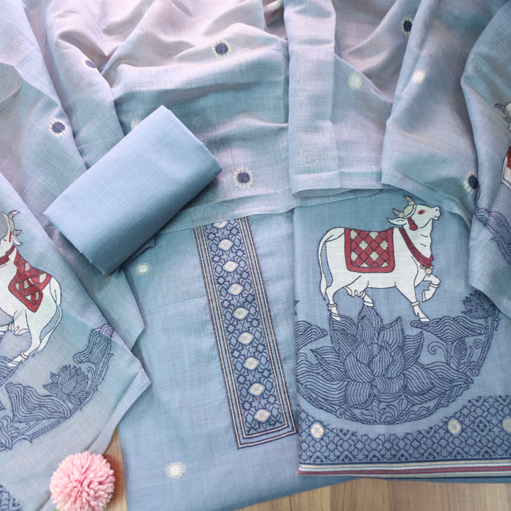 Svroop Steel Blue Pichwai Authentic Jamdani Weaved Hem Chanderi Suit Set