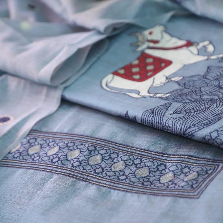 Svroop Steel Blue Pichwai Authentic Jamdani Weaved Hem Chanderi Suit Set