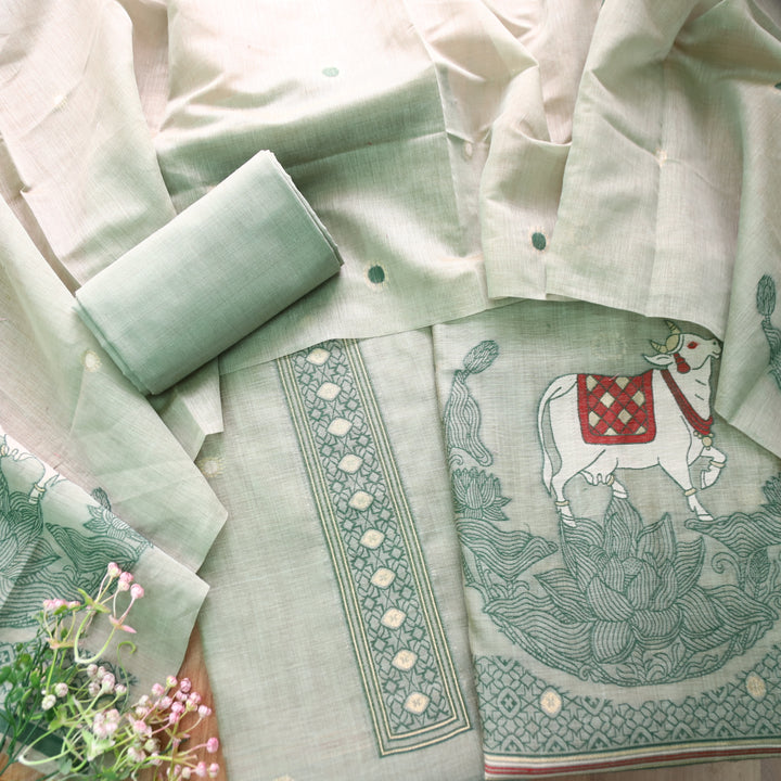 Svroop Sage Green Pichwai Authentic Jamdani Weaved Hem Chanderi Suit Set
