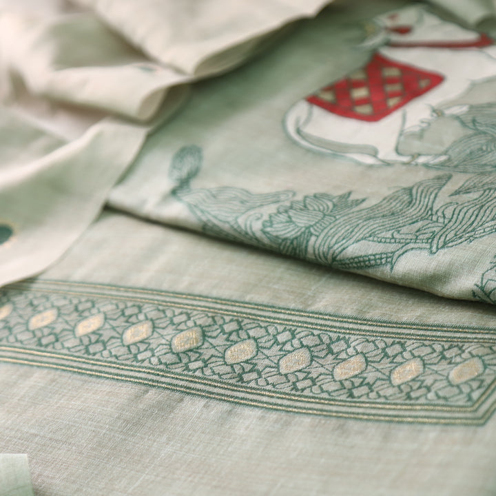 Svroop Sage Green Pichwai Authentic Jamdani Weaved Hem Chanderi Suit Set