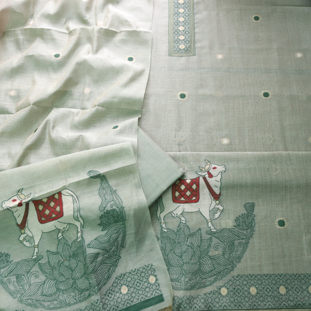 Svroop Sage Green Pichwai Authentic Jamdani Weaved Hem Chanderi Suit Set