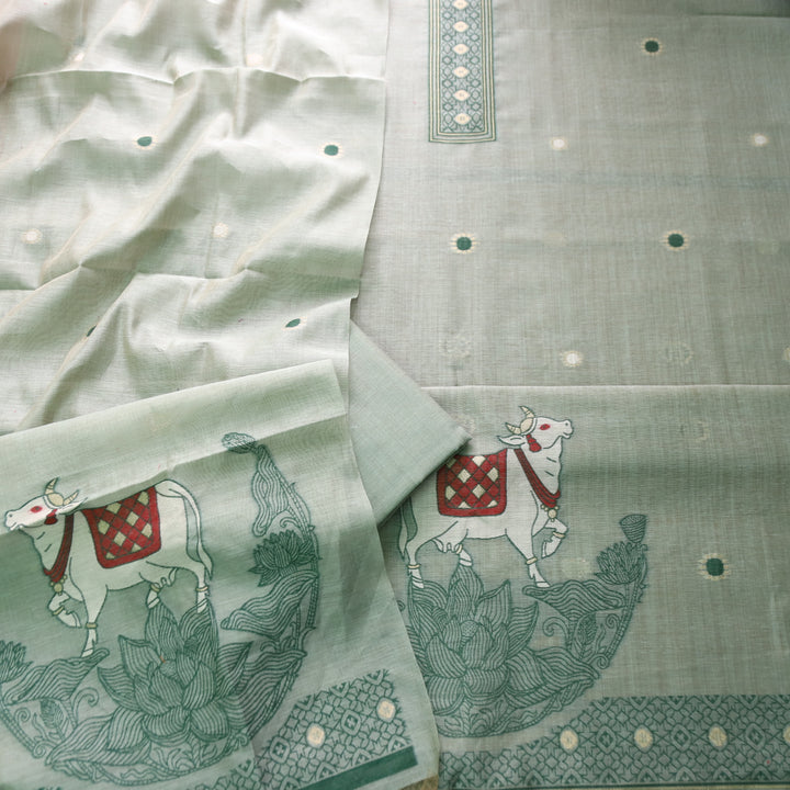 Svroop Sage Green Pichwai Authentic Jamdani Weaved Hem Chanderi Suit Set