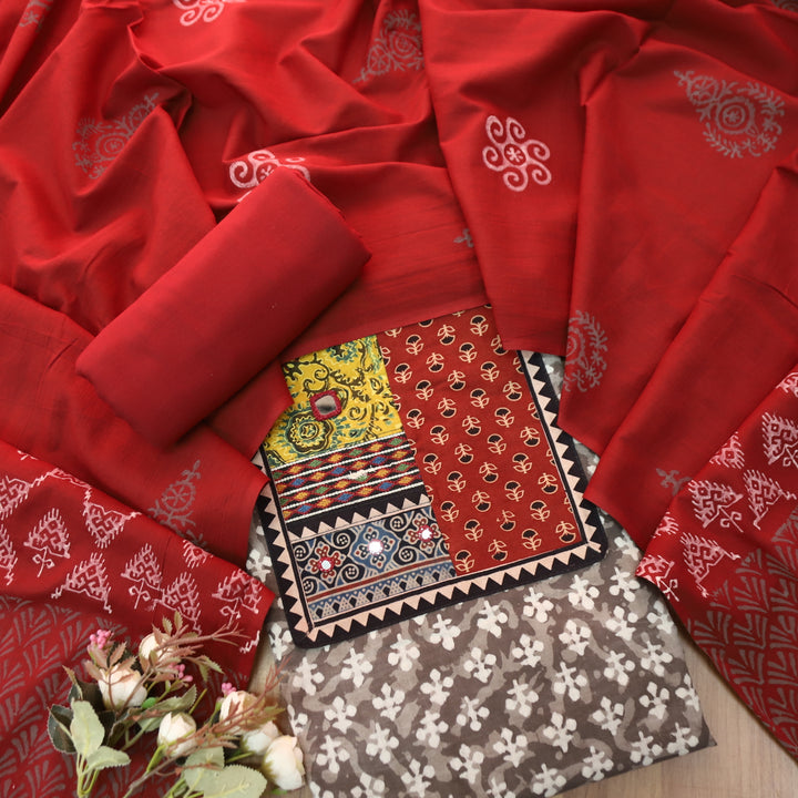Rooprani Hazelnut Tan Beige Ajrak Patches with Mirror Work Printed Cotton Suit Set D2