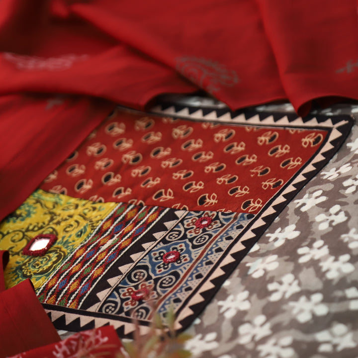 Rooprani Hazelnut Tan Beige Ajrak Patches with Mirror Work Printed Cotton Suit Set D2